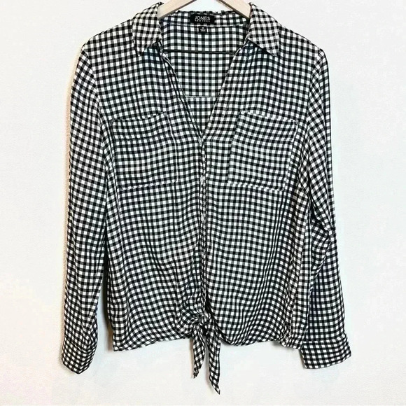 Jones New York Women's Front Tie Button Down Gingham Blouse Size Medium - Picture 2 of 13